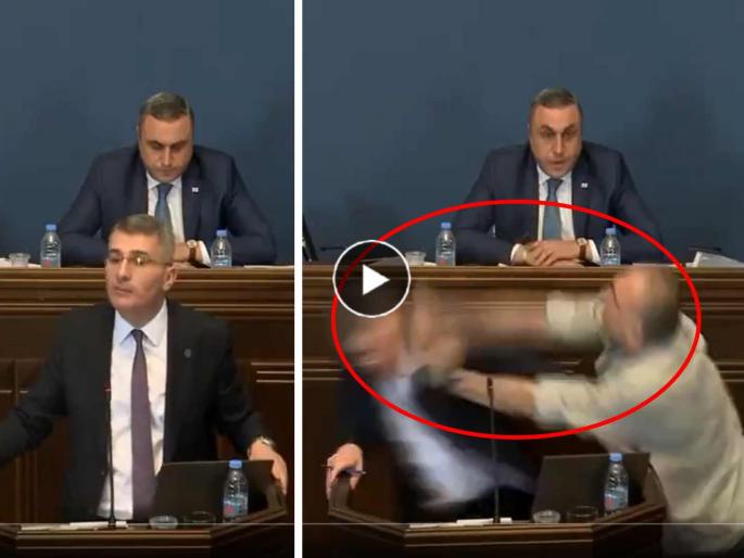 video viral A fight broke out in the Georgian parliament during the first day of discussion of the bill on foreign agents watch | संसदेत तुफान राडा अन् तुंबळ हाणामारी; जॉर्जियामध्ये खासदार एकमेकांशी भिडले! Video व्हायरल