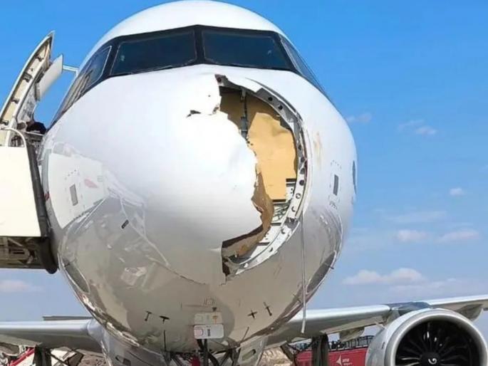 A plane was flying in the sky, suddenly a large bird hit it; the plane suffered major damage, the passengers narrowly escaped! | आकाशात उडत होतं विमान, अचानक धडकला मोठा पक्षी; विमानाचं मोठं नुकसान, प्रवासी थोडक्यात बचावले! A plane was flying in the sky, suddenly a large bird hit it; the plane suffered major damage, the passengers narrowly escaped! | आकाशात उडत होतं विमान, अचानक धडकला मोठा पक्षी; विमानाचं मोठं नुकसान, प्रवासी थोडक्यात बचावले!