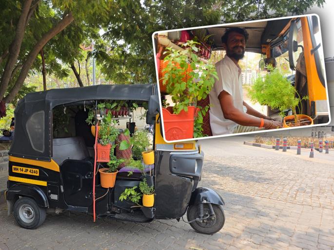 A 'tree' rickshaw is running in the industrial city; A unique experiment of Ganesh Nanekar, a rickshaw puller in Pimpri | उद्योगनगरीत धावतेय ‘झाड’वाली रिक्षा; पिंपरीतील रिक्षाचालक गणेश नानेकर यांचा अनोखा प्रयोग A 'tree' rickshaw is running in the industrial city; A unique experiment of Ganesh Nanekar, a rickshaw puller in Pimpri | उद्योगनगरीत धावतेय ‘झाड’वाली रिक्षा; पिंपरीतील रिक्षाचालक गणेश नानेकर यांचा अनोखा प्रयोग