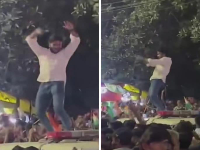 Celebrating winning the match Youth climbs directly onto Pune Police car and dances making obscene gestures | Video: तरुणाचे थेट पुणे पोलिसांच्या गाडीवर चढून अश्लील हावभाव करत नृत्य, जल्लोष असा करतात का? Celebrating winning the match Youth climbs directly onto Pune Police car and dances making obscene gestures | Video: तरुणाचे थेट पुणे पोलिसांच्या गाडीवर चढून अश्लील हावभाव करत नृत्य, जल्लोष असा करतात का?