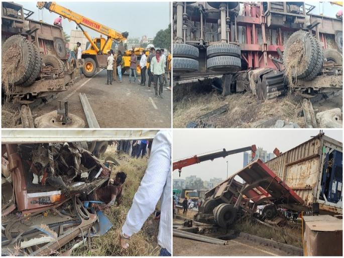 terrible container accident near navale bridge driver injured | Video: नवले पुलाजवळ झालेल्या भीषण अपघातात कंटेनरच्या केबिनचा अक्षरशः चुराडा terrible container accident near navale bridge driver injured | Video: नवले पुलाजवळ झालेल्या भीषण अपघातात कंटेनरच्या केबिनचा अक्षरशः चुराडा