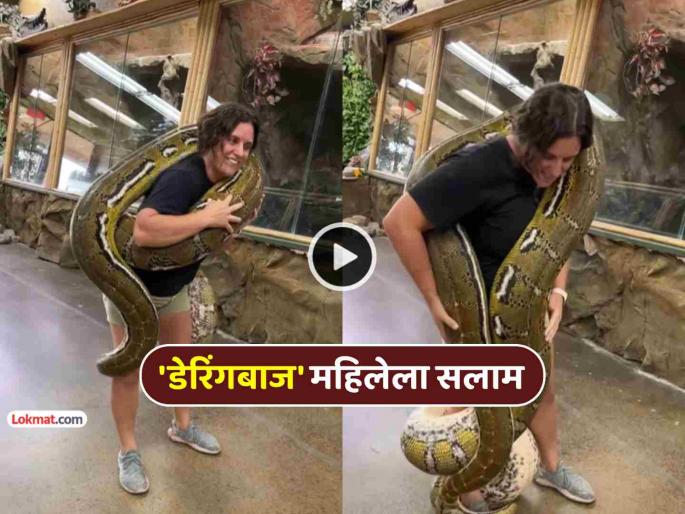 trending video woman lifts python shoulder viral people shocked praises her daring | VIDEO: बापरे !! महाकाय अजगराने महिलेच्या पायाला घातला विळखा, महिलेचे धाडस पाहून सारे थक्क trending video woman lifts python shoulder viral people shocked praises her daring | VIDEO: बापरे !! महाकाय अजगराने महिलेच्या पायाला घातला विळखा, महिलेचे धाडस पाहून सारे थक्क