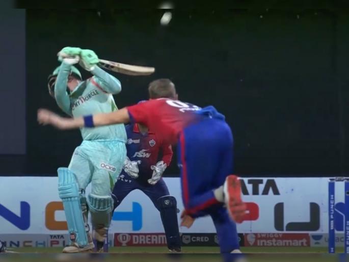 IPL 2022 LSG vs DC Live Updates :  Beamer angling across off from over the wicket at 141.4ks, Quinton de Kock half-ducks and carves it up over short third man, Video  | Quinton de Kock  IPL 2022 LSG vs DC Live Updates : अरे बापरे!; क्विंटन डी कॉकचा चेहरा जवळपास फुटलाच होता; १४१kmph च्या वेगाने आलेल्या चेंडूने काळजाचा ठोका चुकवला, Video 