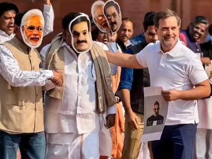 congress leader Rahul Gandhi interviewed MPs wearing Modi-Adani mask, BJP got angry | राहुल गांधींनी घेतली मोदी-अदानींचा मुखवटा लावलेल्या खासदारांची मुलाखत, विचारले असे प्रश्न; भाजप भडकला