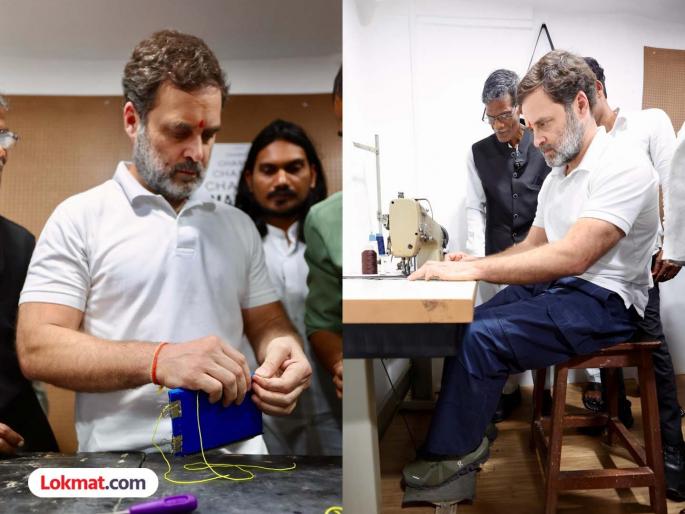 Congress leader Rahul Gandhi in Dharavi Made a purse by stitching it himself | राहुल गांधी धारावीत; स्वतः शिलाई मारून तयार केली पर्स  Congress leader Rahul Gandhi in Dharavi Made a purse by stitching it himself | राहुल गांधी धारावीत; स्वतः शिलाई मारून तयार केली पर्स