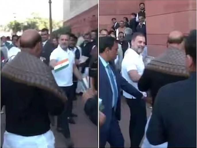 Opposition welcomes rulers with roses; Rahul Gandhi gave Tricolor to Rajnath Singh | गुलाब घेऊन विरोधकांकडून सत्ताधाऱ्यांचे स्वागत; राहुल गांधींनी राजनाथ सिंह यांना दिला तिरंगा Opposition welcomes rulers with roses; Rahul Gandhi gave Tricolor to Rajnath Singh | गुलाब घेऊन विरोधकांकडून सत्ताधाऱ्यांचे स्वागत; राहुल गांधींनी राजनाथ सिंह यांना दिला तिरंगा