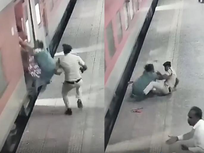 mumbai railway cop rescues woman who fell from moving train at borivali station video goes viral | चलत्या ट्रेनमधून उतरताना महिलेचा तोल गेला, जवानानं दाखवलं मोठं धाडस अन्...; अंगावर शहारा आणणारा व्हिडिओ व्हायरल mumbai railway cop rescues woman who fell from moving train at borivali station video goes viral | चलत्या ट्रेनमधून उतरताना महिलेचा तोल गेला, जवानानं दाखवलं मोठं धाडस अन्...; अंगावर शहारा आणणारा व्हिडिओ व्हायरल