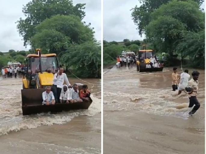Video: Villagers ride on JCB to get through the flood waters | Video : नामी शक्कल !  पुराच्या पाण्यातून जाण्यासाठी ग्रामस्थ जेसीबीवर स्वार  Video: Villagers ride on JCB to get through the flood waters | Video : नामी शक्कल !  पुराच्या पाण्यातून जाण्यासाठी ग्रामस्थ जेसीबीवर स्वार