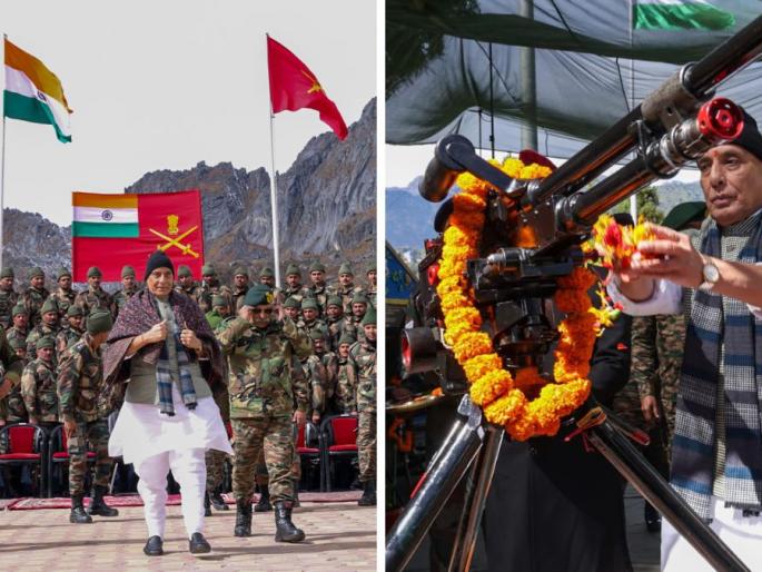 appreciation of jawans defense minister rajnath singh celebrates dussehra in tawang | सीमेवर शस्त्रपूजन; जवानांचे कौतुकही, संरक्षणमंत्र्यांचा दसरा तवांगमध्ये साजरा