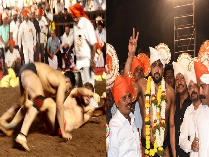 Double Maharashtra Kesari Shivraj Rakshe defeated Iran's Ahmed in just the second minute on a double count at the wrestling ground in Sangli | Sangli: शिवराज राक्षेची दुहेरी पटावर इराणच्या अहमदवर मात, अवघ्या दुसऱ्या मिनिटात केलं चितपट  Double Maharashtra Kesari Shivraj Rakshe defeated Iran's Ahmed in just the second minute on a double count at the wrestling ground in Sangli | Sangli: शिवराज राक्षेची दुहेरी पटावर इराणच्या अहमदवर मात, अवघ्या दुसऱ्या मिनिटात केलं चितपट