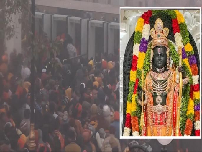 Devotees gather in large numbers at Shri Ram temple on the first day after the Pran Pratishtha ceremony, Ayodhya, Uttar Pradesh  | राम मंदिरात दर्शनासाठी भाविकांची मोठी गर्दी, रात्रीपासूनच अयोध्या धाममध्ये लांबच लांब रांगा