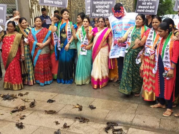 NCP women grab the crabs and give to police as a suspect | जलसंधारणमंत्री तानाजी सावंत यांच्या घरासमोरील खेकडे पोलिसांत सादर