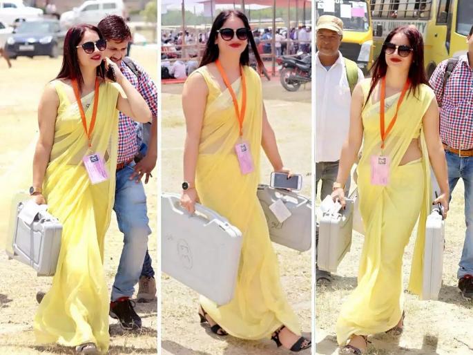 Yellow sari fame poll official Reena Dwivedi once again viral on internet this time in pink | लिंबू कलरची साडीवाली 'ती' पोलिंग अधिकारी पुन्हा चर्चेत