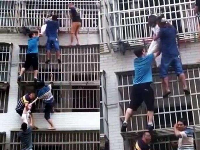 Human chain of 6 men rescue children trapped inside burning building in china | VIDEO : आग लागलेल्या इमारतीत अडकल्या होत्या दोन मुली, ६ लोकांनी असा वाचवला जीव!