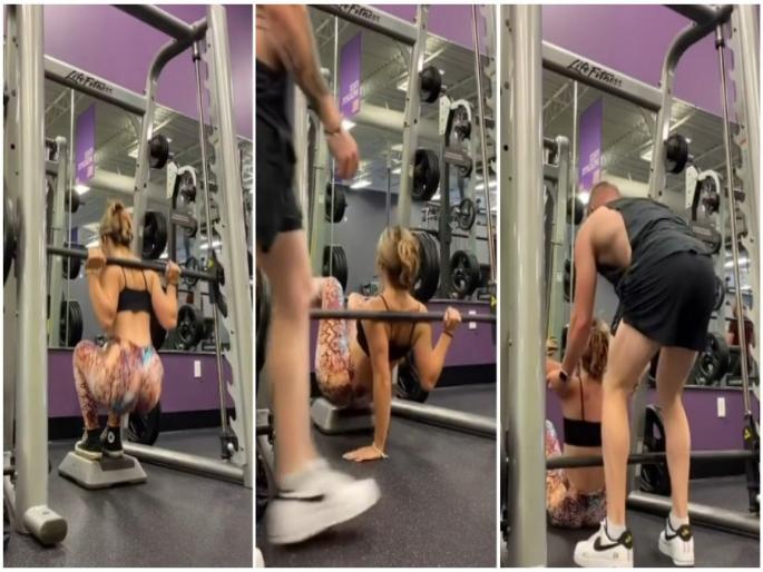 Gym video : Woman falls while weightlifting exercise watch viral video | VIDEO : एक्सरसाईज करताना घसरून पडली तरूणी, मदद करणाऱ्या व्यक्तीला म्हणाली.... Gym video : Woman falls while weightlifting exercise watch viral video | VIDEO : एक्सरसाईज करताना घसरून पडली तरूणी, मदद करणाऱ्या व्यक्तीला म्हणाली....