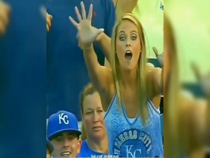 funny video of a young woman catching ball during baseball match is going viral | स्टेडिअममध्ये बॉल जवळ आला अन् कॅच पकडायला गेली, पुढे असे काही झाले की..शरमेने झाली लाल