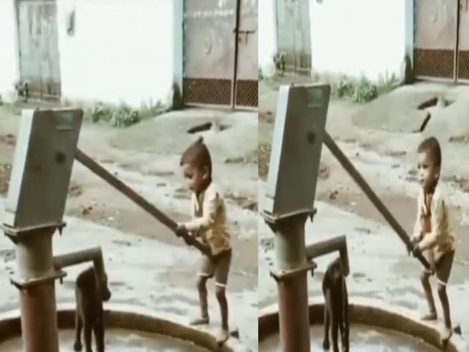 Viral video : Small child run hand pump and quenched the dog thirst | शाब्बास रे पठ्ठ्या! कुत्र्याची तहान भागवण्यासाठी लहान मुलाने लावलं पूर्ण बळ, व्हिडीओ पाहून भरून येईल मन Viral video : Small child run hand pump and quenched the dog thirst | शाब्बास रे पठ्ठ्या! कुत्र्याची तहान भागवण्यासाठी लहान मुलाने लावलं पूर्ण बळ, व्हिडीओ पाहून भरून येईल मन
