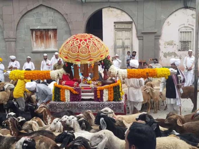 Sheep round to Shri Sant Tukaram Maharaj palkhi in Dehu | राम कृष्ण हरी! श्री संत तुकाराम महाराजांच्या पालखीला मेंढ्यांचे रिंगण; देहूत नयनरम्य रंगला सोहळा