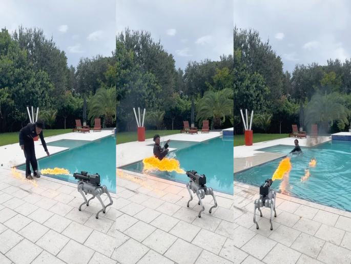 robot dog shot flames in live streaming youtuber jumps in swimming pool video viral | यूट्यूबरला रोबोट डॉगसोबत मस्ती करणं महागात पडलं; भुंकायला सांगिलं, तर कुत्रा आग ओकायला लागला अन्... robot dog shot flames in live streaming youtuber jumps in swimming pool video viral | यूट्यूबरला रोबोट डॉगसोबत मस्ती करणं महागात पडलं; भुंकायला सांगिलं, तर कुत्रा आग ओकायला लागला अन्...