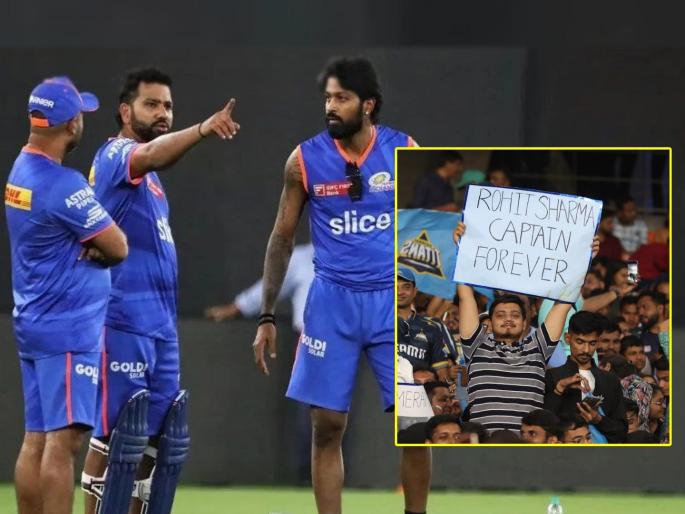 Ipl Match 2024 live score GT vs MI A fan with Rohit Sharma captain forever poster at the Narendra Modi Stadium | IPL 2024 GT vs MI: "आमचा कर्णधार रोहित शर्माच", नरेंद्र मोदी स्टेडियममध्ये चाहत्याकडून पोस्टरबाजी!