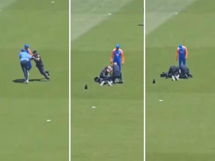 a fan who breached the field and hugged Rohit Sharma was taken down by the USA police in India vs Bangladesh Warm Up Match | हिटमॅनचा फॅन मैदानात शिरला! अमेरिकेच्या पोलिसांनी इंगा दाखवला; रोहितही अवाक्, Video