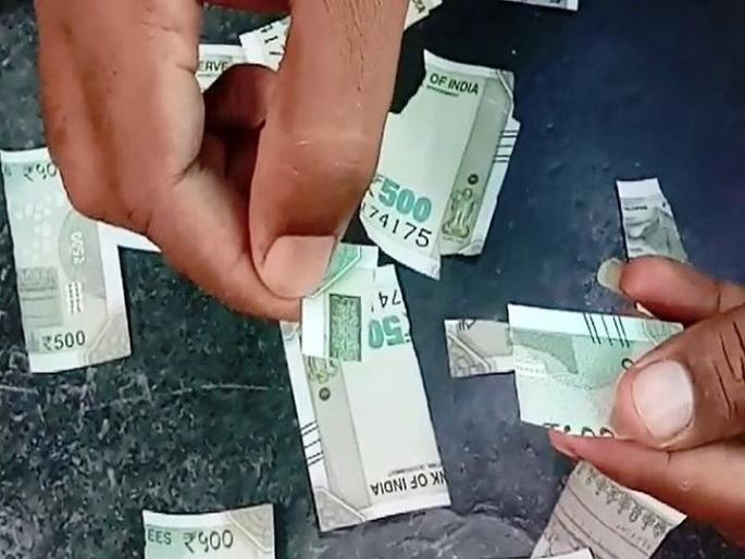 Pieces of Rupees 500 rupees broken, shocking incident in Sangli district | घडी घालताच 500 रुपयांच्या नोटाचे पडले तुकडे, सांगली जिल्ह्यातील धक्कादायक प्रकार Pieces of Rupees 500 rupees broken, shocking incident in Sangli district | घडी घालताच 500 रुपयांच्या नोटाचे पडले तुकडे, सांगली जिल्ह्यातील धक्कादायक प्रकार