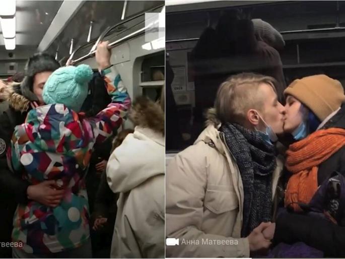 russians kissed in metro to protest against corona guidelines and supports music industry | कोरोनाच्या नियमांचा वैताग! प्रेमी युगुलांनी मेट्रोत चुंबन करून नोंदवला निषेध russians kissed in metro to protest against corona guidelines and supports music industry | कोरोनाच्या नियमांचा वैताग! प्रेमी युगुलांनी मेट्रोत चुंबन करून नोंदवला निषेध