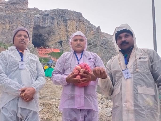 The farmer offered the onion of Nashik at the feet of Baba Amarnath | नाशिकचा कांदा शेतकऱ्याने वाहिला बाबा अमरनाथ चरणी The farmer offered the onion of Nashik at the feet of Baba Amarnath | नाशिकचा कांदा शेतकऱ्याने वाहिला बाबा अमरनाथ चरणी