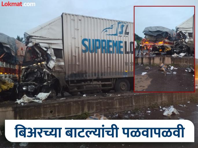 A container rammed into a truck loaded with beer bottles near Nandalpur satara on the Pune Bengaluru National Highway from behind | Satara: बिअरच्या बाटल्या भरलेल्या मालट्रकला कंटेनरची पाठीमागून धडक; चालक जखमी A container rammed into a truck loaded with beer bottles near Nandalpur satara on the Pune Bengaluru National Highway from behind | Satara: बिअरच्या बाटल्या भरलेल्या मालट्रकला कंटेनरची पाठीमागून धडक; चालक जखमी