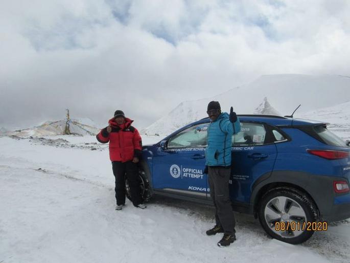 Hyundai's Electric car kona sets a new world record; Reached a height of 5731 meters | साऱ्या जगाने मानली भारताची चिकाटी; ह्युंदाईच्या या कारने तब्बल 5731 मीटर उंची गाठली Hyundai's Electric car kona sets a new world record; Reached a height of 5731 meters | साऱ्या जगाने मानली भारताची चिकाटी; ह्युंदाईच्या या कारने तब्बल 5731 मीटर उंची गाठली