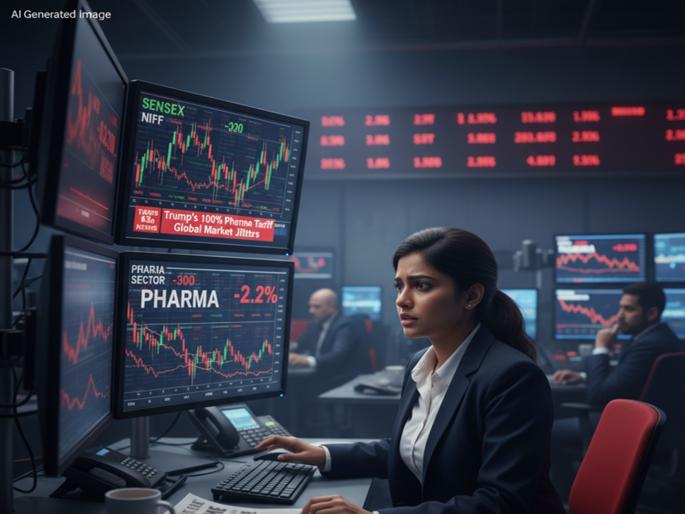 Stock Markets News donald trump100 percent tariff on medicines stock market falls for sixth consecutive day Nifty below 24800 pharma shares hit | Stock Markets News: फार्मावर १००% टॅरिफ, सलग सहाव्या दिवशी शेअर बाजार घसरला; निफ्टी २४,८०० च्या खाली, फार्मा शेअर्स आपटले