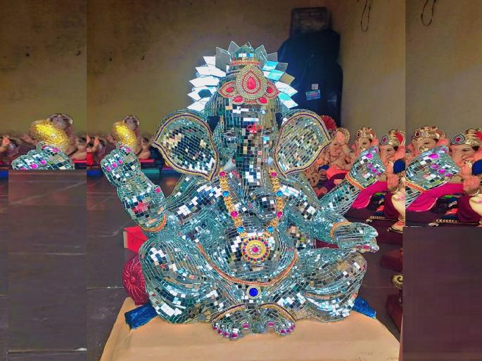 A Ganesha idol made of glass pieces in shirala Sangli | Sangli: शिराळ्यात काचेच्या तुकड्यांपासून बनविली गणेशमूर्ती, नक्षीकाम ठरतेय लक्षवेधी A Ganesha idol made of glass pieces in shirala Sangli | Sangli: शिराळ्यात काचेच्या तुकड्यांपासून बनविली गणेशमूर्ती, नक्षीकाम ठरतेय लक्षवेधी
