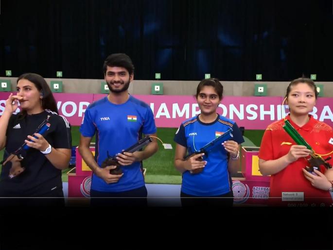 Indian duo Esha Singh & Shiva Narwal win Gold medal in 10m Air Pistol Mixed Team event at Shooting World Championships beat Turkish pair 16-10 in Gold medal contest.  | Gold : १८ वर्षांची इशा अन् १७ वर्षांचा शिवा! भारताला जिंकून दिलं ऐतिहासिक सुवर्णपदक Indian duo Esha Singh & Shiva Narwal win Gold medal in 10m Air Pistol Mixed Team event at Shooting World Championships beat Turkish pair 16-10 in Gold medal contest.  | Gold : १८ वर्षांची इशा अन् १७ वर्षांचा शिवा! भारताला जिंकून दिलं ऐतिहासिक सुवर्णपदक