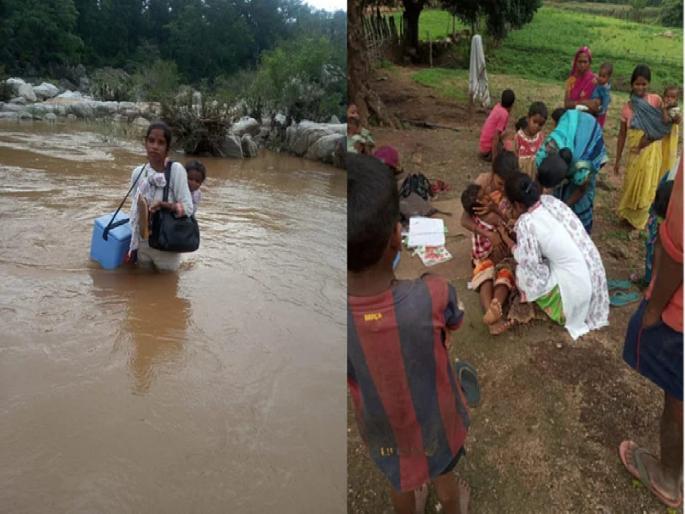 Daughter on back photo of health worker crossing the river with vaccine container in hand goes viral | सलाम तुझ्या कार्याला! पाठीवर चिमुकली अन् हातात लसीचा बॉक्स घेऊन नदी ओलांडणाऱ्या नर्सचा फोटो व्हायरल