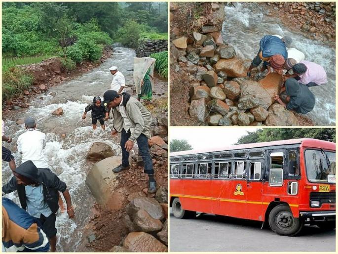 Passengers repaired the road for ST to continue; Neglect of Public Works Department | पुणे: ST सुरू राहावी म्हणून प्रवाशांनीच केला रस्ता दुरूस्त; सार्वजनिक बांधकाम विभागाचे दुर्लक्ष Passengers repaired the road for ST to continue; Neglect of Public Works Department | पुणे: ST सुरू राहावी म्हणून प्रवाशांनीच केला रस्ता दुरूस्त; सार्वजनिक बांधकाम विभागाचे दुर्लक्ष