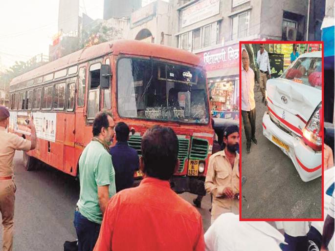 ST bus brakes fail on busy road in Chhatrapati Sambhaji Nagar, overturning five vehicles | छत्रपती संभाजीनगरात भररस्त्यात एसटी बसचे ब्रेक फेल, पाच वाहनांना उडविले ST bus brakes fail on busy road in Chhatrapati Sambhaji Nagar, overturning five vehicles | छत्रपती संभाजीनगरात भररस्त्यात एसटी बसचे ब्रेक फेल, पाच वाहनांना उडविले