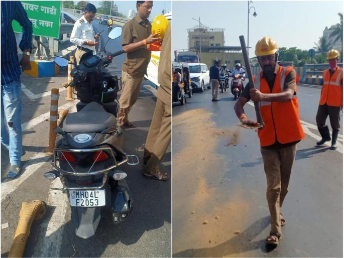 Two-wheeler falls due to oil spill on road in Thane; The youth was hit on the leg | ठाण्यात रस्त्यावर तेल सांडल्याने दुचाकी घसरली; युवकाच्या पायाला लागला मार Two-wheeler falls due to oil spill on road in Thane; The youth was hit on the leg | ठाण्यात रस्त्यावर तेल सांडल्याने दुचाकी घसरली; युवकाच्या पायाला लागला मार