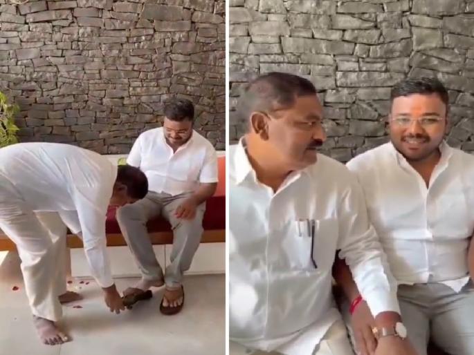 A favorite leader should become an MLA, 6 years of being barefoot, firm determination; Finally, Suresh Dhas gifted him the chappal | आवडता नेता आमदार व्हावा, निर्धार करत ६ वर्ष अनवाणी; अखेर धसांनी तरुणास घातली चप्पल A favorite leader should become an MLA, 6 years of being barefoot, firm determination; Finally, Suresh Dhas gifted him the chappal | आवडता नेता आमदार व्हावा, निर्धार करत ६ वर्ष अनवाणी; अखेर धसांनी तरुणास घातली चप्पल