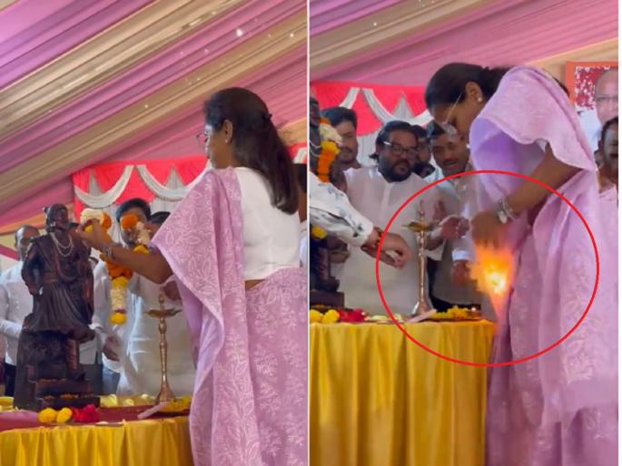 Supriya Sule's saree caught fire while garlanding the statue of Shivaji Maharaj | सुप्रिया सुळे यांच्या साडीने घेतला पेट; छत्रपती शिवाजी महाराजांच्या पुतळ्याला हार घालताना लागली आग Supriya Sule's saree caught fire while garlanding the statue of Shivaji Maharaj | सुप्रिया सुळे यांच्या साडीने घेतला पेट; छत्रपती शिवाजी महाराजांच्या पुतळ्याला हार घालताना लागली आग