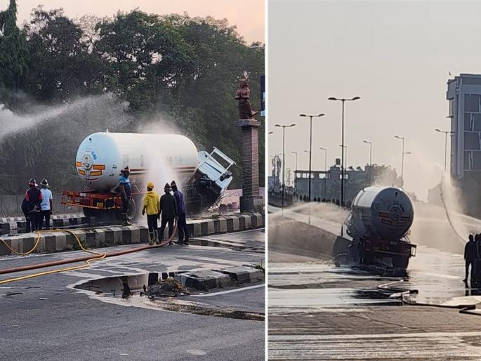 Emergencies at CIDCO flyover area after gas leak from tanker; Houses and shops were closed | टँकरमधून गॅस गळतीनंतर सिडको उड्डाणपूल परिसरात इर्मजन्सी; घरे, दुकाने रिकामे केली Emergencies at CIDCO flyover area after gas leak from tanker; Houses and shops were closed | टँकरमधून गॅस गळतीनंतर सिडको उड्डाणपूल परिसरात इर्मजन्सी; घरे, दुकाने रिकामे केली