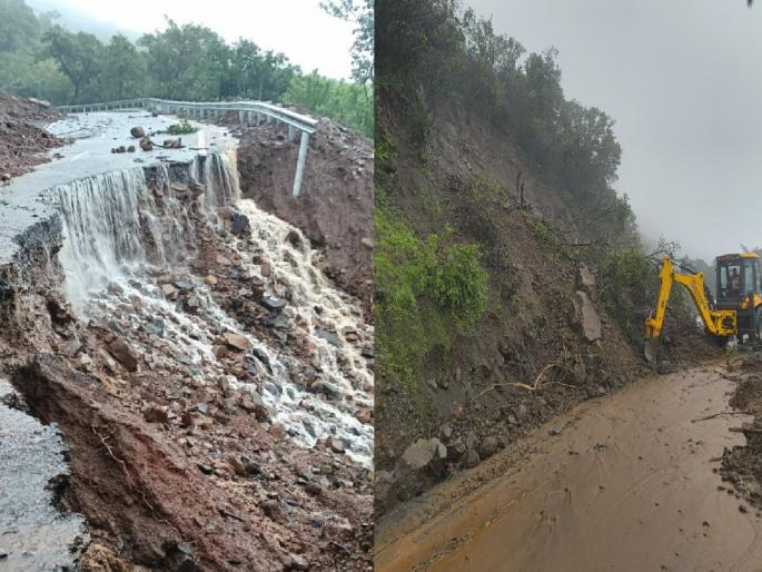 Heavy rain in Mahabaleshwar, road washed away in Chikhali village limits | Satara: महाबळेश्वरमध्ये धुवांधार पाऊस, चिखली गावच्या हद्दीत रस्ता गेला वाहून 