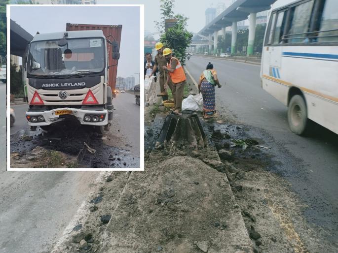 A container collided with a divider on the Nashik-Mumbai route, luckily the driver escaped | नाशिक-मुंबई मार्गावर कंटेनरची दुभाजकाला धडक, सुदैवाने चालक बचावला A container collided with a divider on the Nashik-Mumbai route, luckily the driver escaped | नाशिक-मुंबई मार्गावर कंटेनरची दुभाजकाला धडक, सुदैवाने चालक बचावला