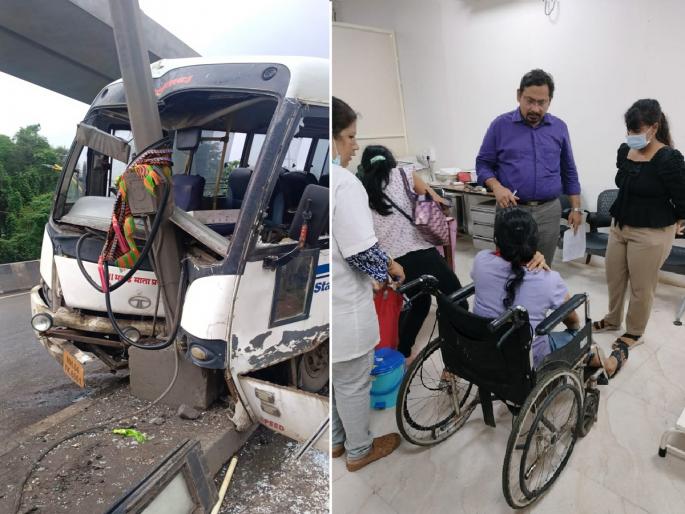 A private bus hit a street pole in Thane; 12 passengers injured | ठाण्यात स्ट्रीट पोलला खासगी बसची जोरदार धडक; १२ प्रवासी जखमी A private bus hit a street pole in Thane; 12 passengers injured | ठाण्यात स्ट्रीट पोलला खासगी बसची जोरदार धडक; १२ प्रवासी जखमी