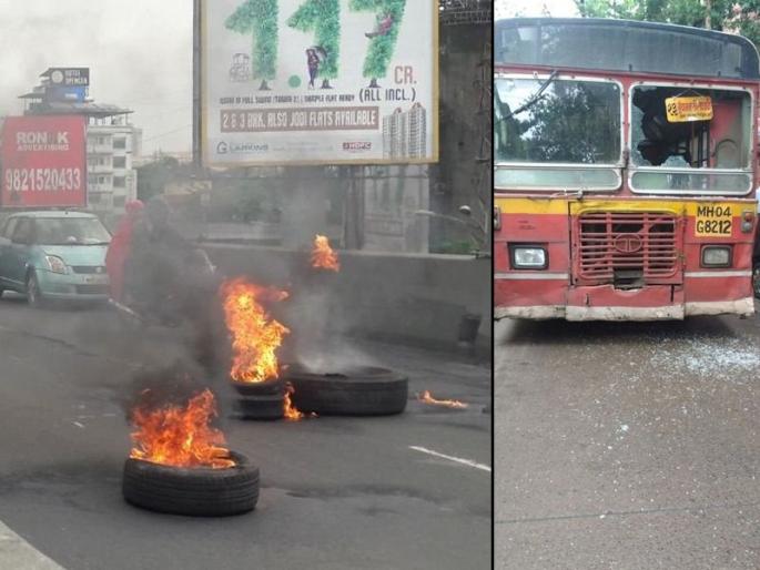 Mumbai Band : A Thane Municipal Transport(TMT) bus vandalised in Wagle estate area by Maratha protesters | Mumbai Bandh : ठाण्यात मराठा आंदोलकांकडून जाळपोळ आणि तोडफोड Mumbai Band : A Thane Municipal Transport(TMT) bus vandalised in Wagle estate area by Maratha protesters | Mumbai Bandh : ठाण्यात मराठा आंदोलकांकडून जाळपोळ आणि तोडफोड