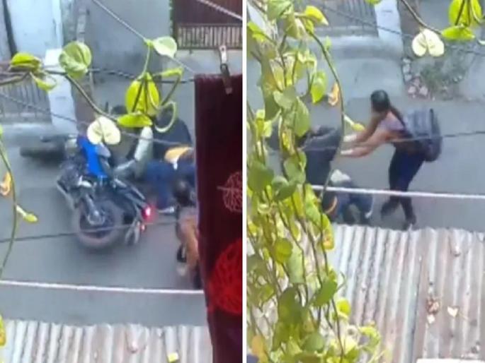 Thieves who stole coiL from grandmother in Uttar Pradesh's Meerut were thrown off their bikes by a young woman, watch video  | VIDEO: आज्जीचे कानातले ओढणाऱ्या चोरट्यांना नातीने दाखवला इंगा; पाहा जेव्हा तरूणी बनते 'सिंघम'   Thieves who stole coiL from grandmother in Uttar Pradesh's Meerut were thrown off their bikes by a young woman, watch video  | VIDEO: आज्जीचे कानातले ओढणाऱ्या चोरट्यांना नातीने दाखवला इंगा; पाहा जेव्हा तरूणी बनते 'सिंघम'