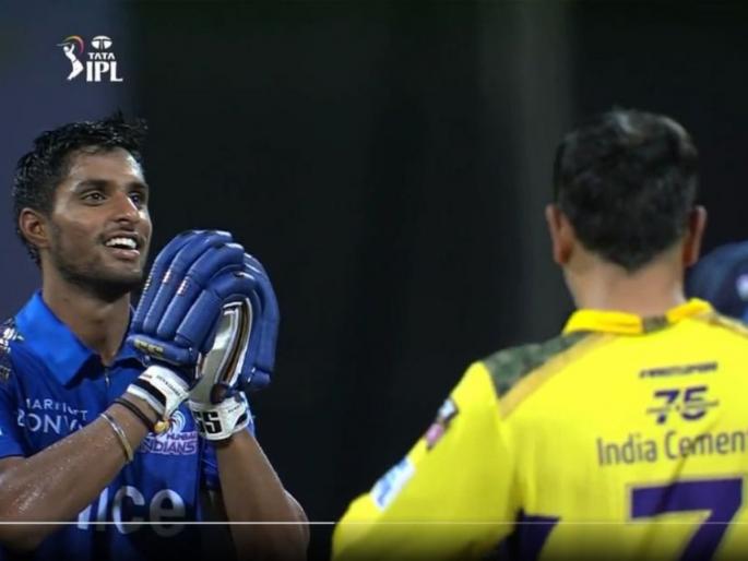 IPL 2022 MI vs CSK : The celebration by Tilak Varma was for his coach who came to watch him bat at Wankhede stadium yesterday, Video | Tilak Varma IPL 2022 : CSK ला पराभूत केल्यानंतर Mumbai Indians च्या तिलक वर्माने MS Dhoni समोर हात जोडले?; सत्य जाणून वाढेल आदर 