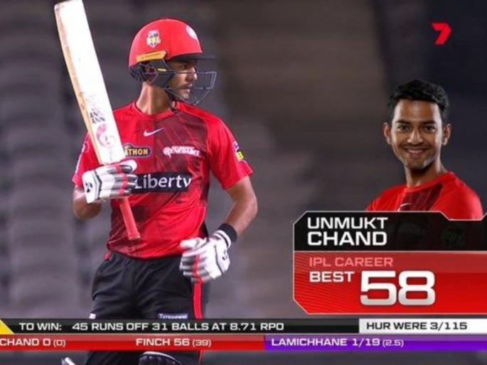 Unmukt Chand becomes first Indian male player to play the Big Bash League, but he dismissed for 5 runs, Hurricanes won by 6 runs against Renegades  | Unmukt Chand : भारताचा माजी कर्णधार उन्मुक्त चंदनं इतिहास रचला; BBLमध्ये पहिला भारतीय खेळला, पण...