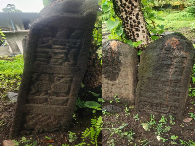 1200 year old statue was found in the poonade farm of uran | उरणच्या पूनाडे शेतमाळावर सापडल्या सुमारे १२०० वर्षांपूर्वीच्या विरगळी 1200 year old statue was found in the poonade farm of uran | उरणच्या पूनाडे शेतमाळावर सापडल्या सुमारे १२०० वर्षांपूर्वीच्या विरगळी