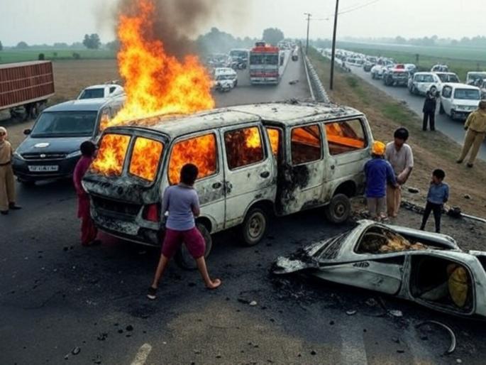 Uttar Pradesh: death of 4 people in collision between cae and canter in Aligarh | अंगावर काटा आणणारा अपघात; कार आणि मिनी बसमध्ये भीषण धडक, चार जण ठार! Uttar Pradesh: death of 4 people in collision between cae and canter in Aligarh | अंगावर काटा आणणारा अपघात; कार आणि मिनी बसमध्ये भीषण धडक, चार जण ठार!