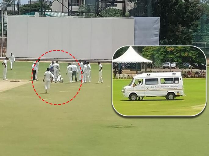 Duleep Trophy : Central Zone Venkatesh Iyer has been hit on the shoulder as Chintan Gaja throws the ball defended ball back at the batter, Venkatesh is down on the ground in pain and the ambulance arrives | Duleep Trophy : भारताच्या अष्टपैलू खेळाडूला Live Match मध्ये चेंडू लागला, अ‍ॅम्बूलन्समधून न्यावे लागले हॉस्पिटलमध्ये